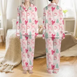 Women's Blush Pink Whimsical Christmas Santa Reindeer Pastel Teal Tree Gift Bow Pattern Satin Pajamas Set