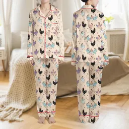Women's Whimsical Peach Hand-Drawn Chicken Pattern with Playful Purple, Blue, Pink & Yellow Chicks Satin Pajamas Set