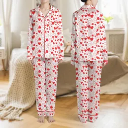 Women's Pure White Dynamic Bright Red Hearts Varying Sizes Solid & Outlined Flat Art Pattern Satin Pajamas Set