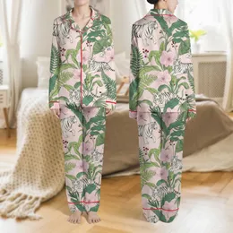 Women's Hand-Drawn White Tiger Tropical Orchid & Fern Pattern on Pastel Pink Satin Pajamas Set