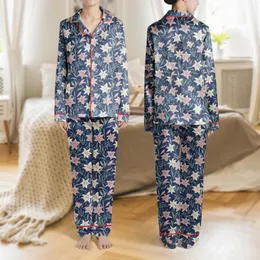 Women's Elegant Painterly Lily Botanical Motif Cream Rose Mauve Teal Indigo Pattern Satin Pajamas Set