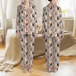 Women's Whimsical Hand-Drawn Cat Pattern Muted Rose-Beige Multi-Tone Fur Satin Pajamas Set