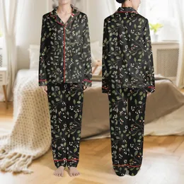 Women's Elegant Vintage Botanical Pattern with Olive Leaves, Coral Berries on Charcoal, Rose, Beige Satin Pajamas Set