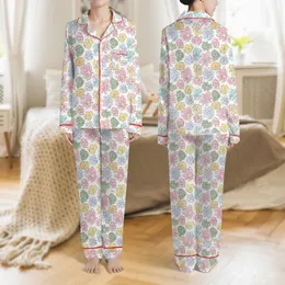 Women's Whimsical Hand-Drawn Abstract Floral Scatter in Pastel Pink Sage Lavender Blue Yellow on White Satin Pajamas Set