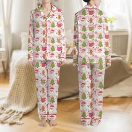 Women's Whimsical Pink Gingham Gingerbread Hot Cocoa Candy Cane Santa Snowflake Holiday Pattern Satin Pajamas Set