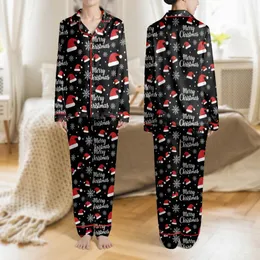 Women's All-Over Festive Merry Christmas Red Santa Hat White Snowflake Star Pattern Satin Pajamas Set