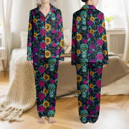 Women's Vibrant Day of the Dead Sugar Skull Women's Faces, Teal Gold Floral Pattern, Lime Green Eyes, Black Background Satin Pajamas Set