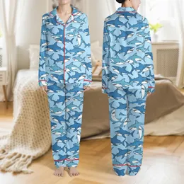 Women's Playful Cartoony Shark School Seamless Repeat Pattern with Cerulean Aqua Blue Tones Satin Pajamas Set