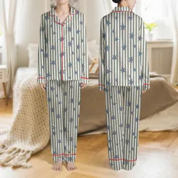 Women's Minimalist Cream Vertical Stripes Dark Grey Dusty Blue Stars Pattern Satin Pajamas Set
