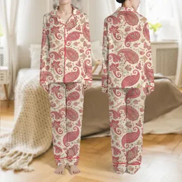 Women's Intricate Vintage Paisley Floral Bird Butterfly Fuchsia Rose Sage Gold Cream Satin Pajamas Set