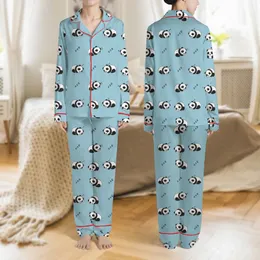 Women's Cute Sleeping Baby Panda Pattern, Serene Light Blue White Black Cartoon 2D Art with Zzz Symbols Satin Pajamas Set