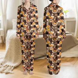 Women's Abstract Minimalist Thermal Wave Pattern: Cocoa Brown, Warm Beige, Jet Black, Fiery Orange, Yellow Accents Satin Pajamas Set