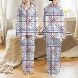Relaxation Seekers' Complex Geometric Plaid: Cherry Red, Azure, Hot Pink, Black, White, Sky Blue, Heather Grey Satin Pajamas Set