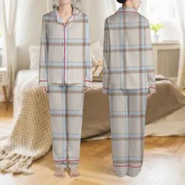 Women's Soft Greige Flat Geometric Tartan Muted Brown Blue Cross-Hatch Pattern Satin Pajamas Set