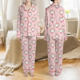 Women's Whimsical Watercolor Pastel Pink Santa Face Wreath Hot Pink Bow Holly Pattern Satin Pajamas Set