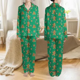 Women's Emerald Green Whimsical Gingerbread Men Candy Cane Star Cookie Filigree Pattern Satin Pajamas Set