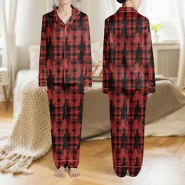 Women's Red Black Maroon Buffalo Plaid Geometric Pine Mountain Pattern Satin Pajamas Set