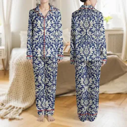 Women's Deep Sapphire Blue Cream Off-White Ornate Baroque Damask Acanthus Pattern Satin Pajamas Set
