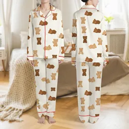 Women's Whimsical Creamy Off-White & Brown Teddy Bear Playful Poses Pattern Satin Pajamas Set