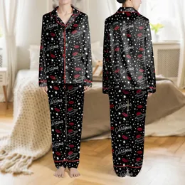 Women's Illustrative Black Red White Cosmic Starry Planet Moon Red Lips Curious Script Satin Pajamas Set