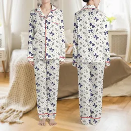 Women's Off-White Dark Navy Blue Elegant Vector Bows Roses Polka Dots Seamless Pattern Satin Pajamas Set