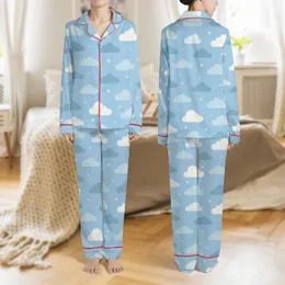 Dreamers' Sky Blue Whimsical Cloud Pastel Star Flat Graphic Pattern Satin Pajamas Set