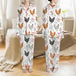 Women's Charming Watercolor Farm Chickens & Hens with Rustic Brown, Orange, Grey Plumage, Fuchsia & Yellow Wildflowers on White Satin Pajamas Set