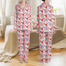 Ocean Lovers' Whimsical Red Cartoon Lobster Teal Green Starfish Pink White Checkered Pattern Satin Pajamas Set