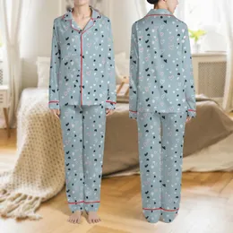 Women's Muted Blue Inkblot & Rose Pink Outline Heart Hand-Drawn Pattern Satin Pajamas Set