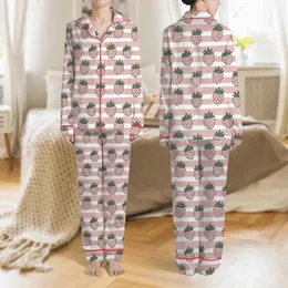 Women's Soft White Pastel Pink Striped Muted Pink Strawberry Motif with Geometric Seeds Satin Pajamas Set