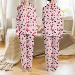 Women's Cute Illustrative Pastel Pink Hot Pink Butterfly Black Bow Heart Scatter Pattern Satin Pajamas Set