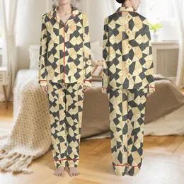 Modern Aesthetic Fans' Geometric Interlocking Panels in Charcoal Grey, Cream, Neon Yellow-Green Stitches, Red Flames Satin Pajamas Set