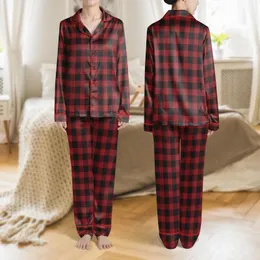 Women's Bold Classic Tartan Plaid Deep Crimson Red Solid Black Intersecting Stripes Satin Pajamas Set