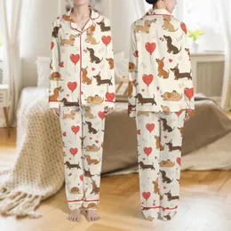 Dachshund Lovers' Playful Illustrated Dachshunds with Red Bow Ties Hats Heart Balloons Bones Paw Prints on Cream Satin Pajamas Set