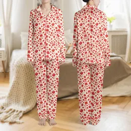 Women's Scarlet Red Cream Elegant Abstract Floral Blooms Pattern Satin Pajamas Set