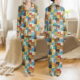 Cat Lovers' Playful Cartoon Cat Pattern, Orange, Yellow, Blue, Pink, Purple Hues, Bold Outlines, Expressive Faces Satin Pajamas Set