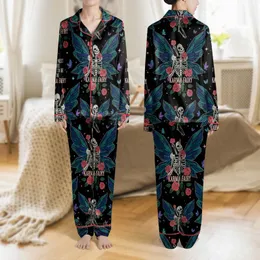 Women's Whimsical Gothic Skeleton & Teal Fairy Wings, Red Roses, Crystal Pattern with Karma Slogan Satin Pajamas Set