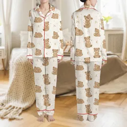 Women's Creamy Off-White Warm Brown Whimsical Sleeping Teddy Bear Tan Star Moon Pattern Satin Pajamas Set