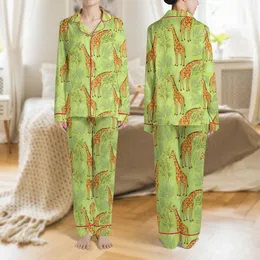Women's Whimsical Lime Green Flat Art Giraffe Acacia Leaf Pattern Satin Pajamas Set