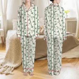 Women's Creamy Off-White Deep Forest Green Stylized Bamboo & Outline Rabbit Head Pattern Satin Pajamas Set
