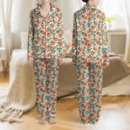 Women's Hand-Drawn Orange Citrus, Forest Green Leaves, Cerulean & Coral Floral Seamless Pattern Satin Pajamas Set