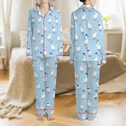 Whimsical Geese Admirers' Light Sky Blue Illustrative Geese Pattern with Royal Blue Bow Ties & Fedoras Satin Pajamas Set