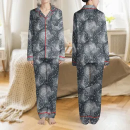 Women's Charcoal Slate Abstract Marbled Organic Swirl with White Minimalist Cosmic Stars & Clouds Satin Pajamas Set