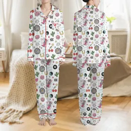 Women's White Lucky Charm Whimsical Pattern: Disco Dice Cards Hearts Stars & Cacti Satin Pajamas Set