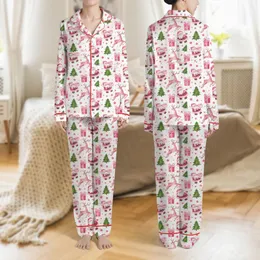 Women's Dreamy Watercolor Santa Deer Gift Box Tree Fuchsia Rose Pink Star Pattern Satin Pajamas Set