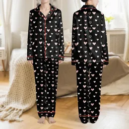 Women's Whimsical Light Pastel Pink White Chalk Art Heart Pattern on Black Satin Pajamas Set