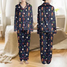Women's Festive Midnight Navy Cartoon Gingerbread Men Santa Hats Candy Canes Cookies Colorful Stars Satin Pajamas Set