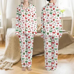 Women's Festive Bright Red Green Candy Cane, Polka Dot Bow, Gift & Holly Flat Art Pattern Satin Pajamas Set