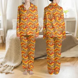 Women's Golden Fiery Thermal Wave, Beige Snowflake & Red Thermometer Vector Pattern Satin Pajamas Set