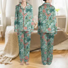 Women's Folk Art Tropical Birds & Palm Floral Pattern Light Aqua Coral Pink Teal Green Satin Pajamas Set